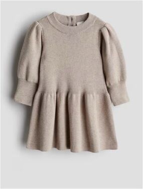 H&M Adorables Girls' Puff-Sleeve Knit Cotton Dress in Light Taupe NWOT